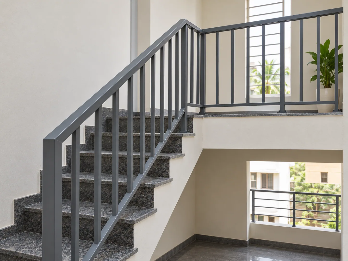 Painted mild steel handrail and balusters on a granite staircase