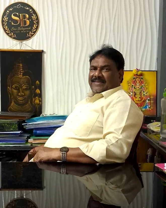 G. Manoharan, founder of Sree Balaganesh Iron Works, at his desk